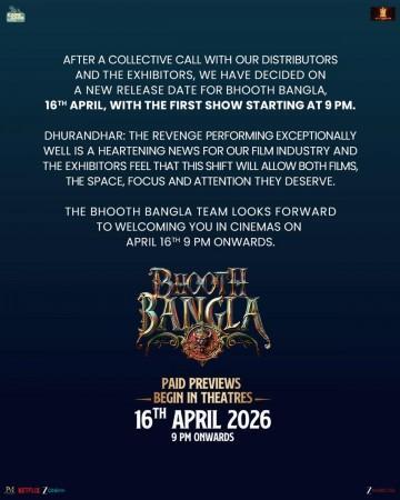 Akshay Kumar's Bhooth Bangla release postponed to April 16 amid Dhurandhar 2's success paid previews to begin on this date