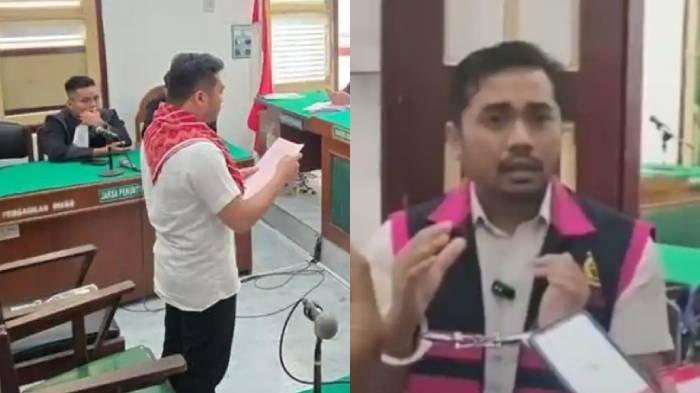 VIDEO PROFIL DESA - (kiri) Direktur CV Promiseland, Amsal Christy Sitepu saat membacakan pembelaan dalam sidang korupsi pembuatan website dan video profil desa di Kabupaten Karo, Rabu (4/3/2026).