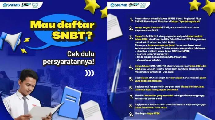 PENDAFTARAN UTBK-SNBT - Kemdiktisaintek membuka pendaftaran Ujian Tulis Berbasis Komputer (UTBK) Seleksi Nasional Berdasarkan Tes (SNBT) mulai hari ini Rabu 25 Maret hingga 7 April 2026. Pendaftaran secara online melalui website SNPMB resmi di laman https://portal.snpmb.id/. Gambar diunduh dari Instagram @snpmb_id, Selasa (24/3/2026).