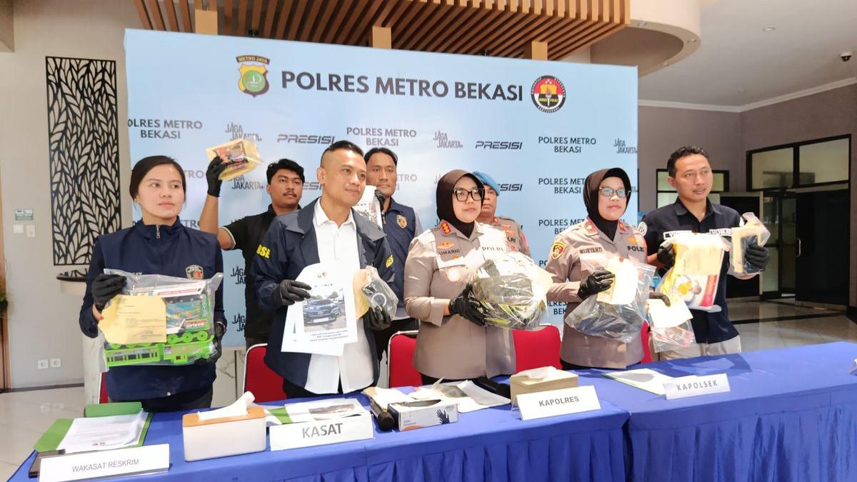 PENYIRAMAN AIR KERAS - Kapolres Metro Bekasi Kombes Pol Sumarni beserta jajaran mengadakan konferensi pers terkait pengungkapan penyiraman air keras terhadap Tri Wibowo (54). Jumat (3/4/2026)