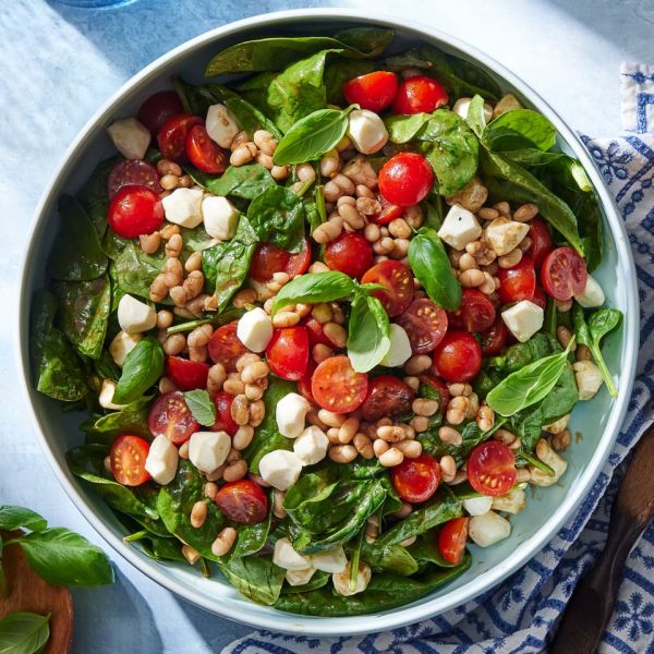 a recipe photo of the No-Cook White Bean & Spinach Caprese Salad
