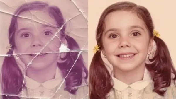 "Please look at this scanned image. There are several white creases and a large tear in the bottom-left corner. Use your AI capabilities to fill in these gaps seamlessly by matching the surrounding textures. Remove all dust spots and small scratches from the background."