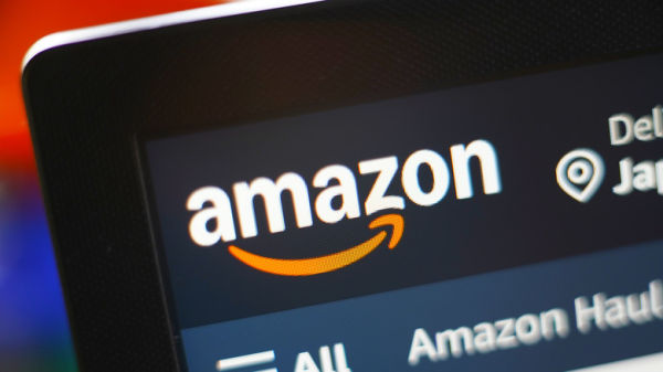 The Amazon logo on a screen.