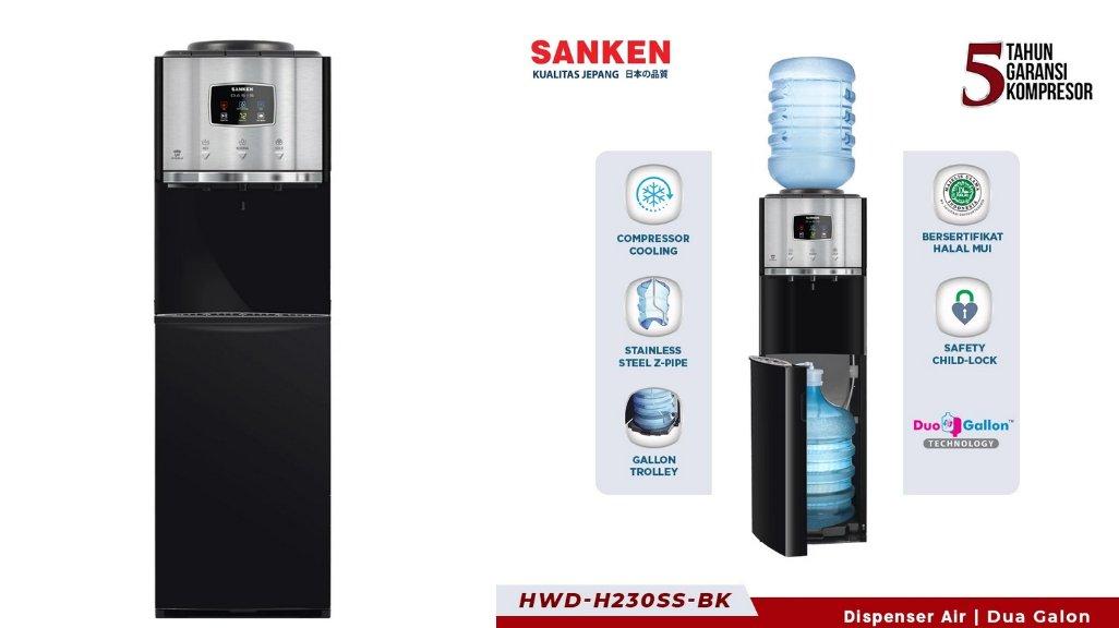Sanken Dispenser Duo Galon Bawah Atas HWD-H230SS-BK Oasis Stainless Steel