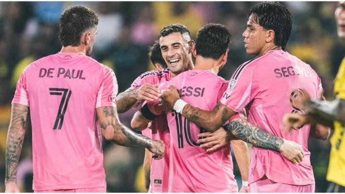 BERTERAME - Striker Inter Miami, German Berterame (tengah), saat melakukan selebrasi bersama Lionel Messi dan rekan-rekannya yang lain.