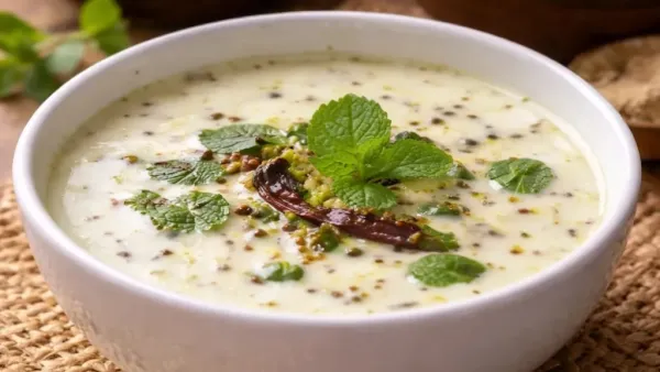 Dahi pudina kadhi topped with tempering spices and fresh mint leaves, served in a white bowl.
