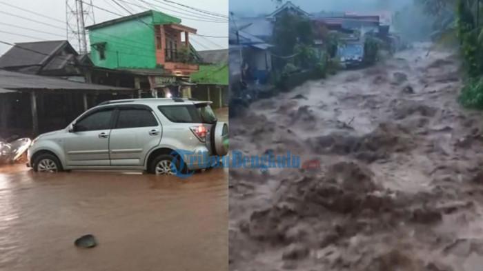 BANJIR LEBONG - Kolase foto banjir bandang dan pemukiman warga di Lebong, Minggu (5/4/2026). Banjir bandang melanda permukiman warga di Kabupaten Lebong, Minggu (5/4/2026) sore, setelah hujan deras sejak pukul 15.00 WIB, merendam rumah dan jalan.