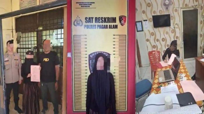 JADI TERSANGKA- Korban pelecehan oknum kepala kantor pos di Pagaralam, Sumatra Selatan saat resmi jadi tersangka dan ditahan Polres Pagaralam. Wanita muda ini diduga sudah melakukan akses ilegal.