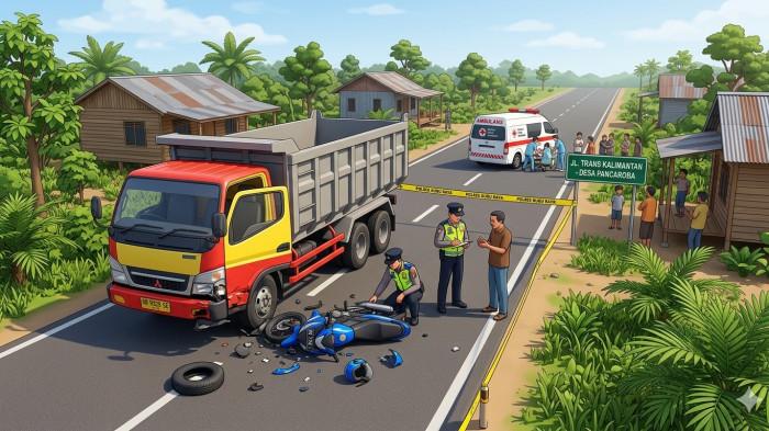 MAUT TRANS KALIMANTAN - Ilustrasi kecelakaan maut yang tewaskan pesepeda motor di Jalan Trans Kalimantan, tepatnya di Desa Pancaroba, Kecamatan Sungai Ambawang, kabupaten Kubu Raya, Minggu 5 April 2026. Ini kronologinya.