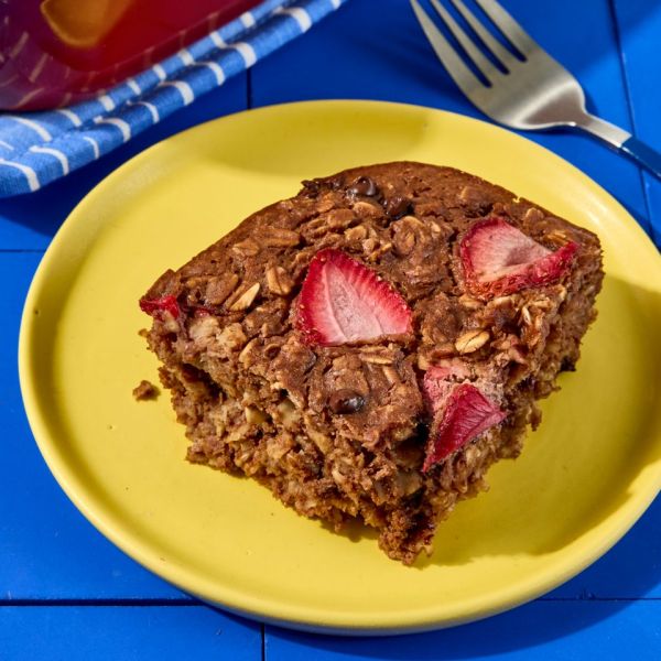 Recipe Image of Chocolate-Strawberry Baked Oats Credit: Photographer: Jen Causey, Food Stylist: Chelsea Zimmer, Prop Stylist: Claire Spollen