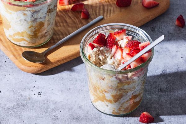 a recipe photo of the High Protein Overnight Oats Credit: Photographer: Rachel Marek, Food stylist: Holly Dreesman, Prop stylist: Sue Mitchell