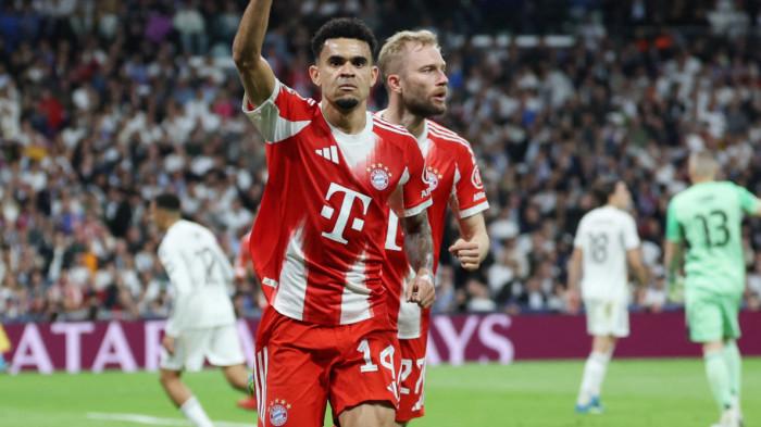 SELEBRASI - Winger Bayern Munchen, Luis Diaz melakukan selebrasi setelah berhasil membobol gawang Real Madrid pada leg pertama babak perempat final Liga Champions di Santiago Bernabeu, Rabu (8/4/2026) dini hari WIB.