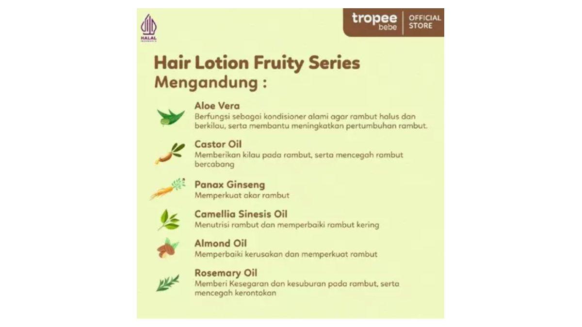 Ilustrasi kandungan utama dari produk Tropee Bebe Hair Lotion Fruity Series 100ml