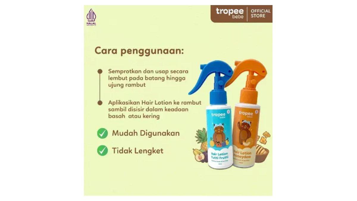 Ilustrasi cara pakai Tropee Bebe Hair Lotion Fruity Series 100ml
