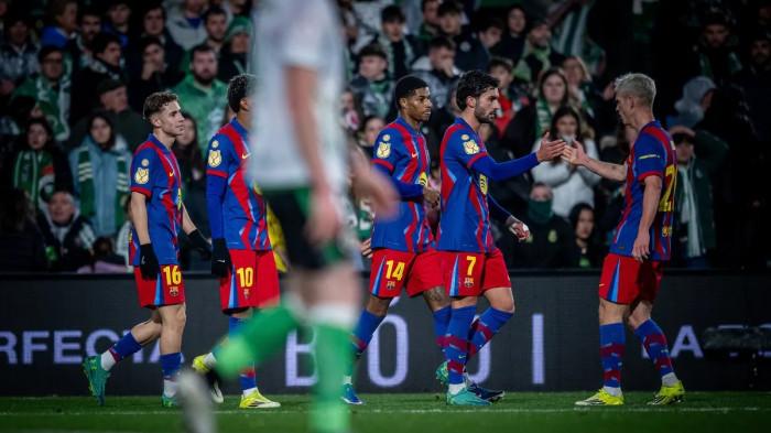 SELEBRASI BARCELONA - Pemain Barcelona merayakan gol ke gawang Real Racing Santander pada babak 16 besar Copa del Rey 2025/2026 di Estadio El Sardinero pada Jumat (16/1/2026). (Website Barcelona - 16/1/2026)
