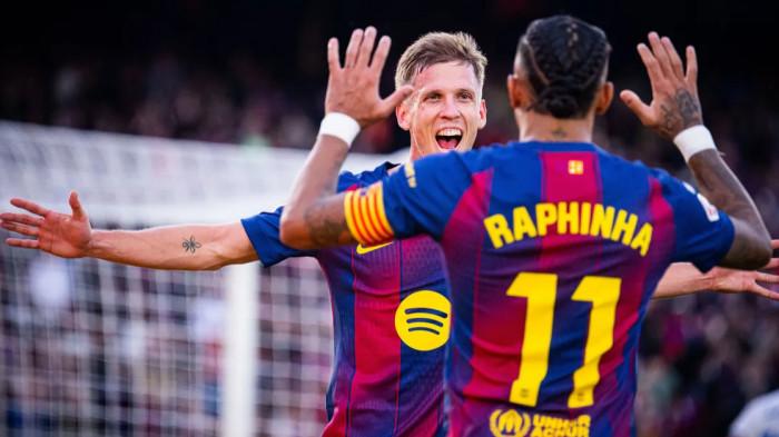 MERAYAKAN GOL - Dani Olmo merayakan golnya bersama rekan setimnya di Barcelona saat mengalahkan Alaves 3-1 di Liga Spanyol 2025/2026 pada Minggu (30/11/2025) dini hari WIB.