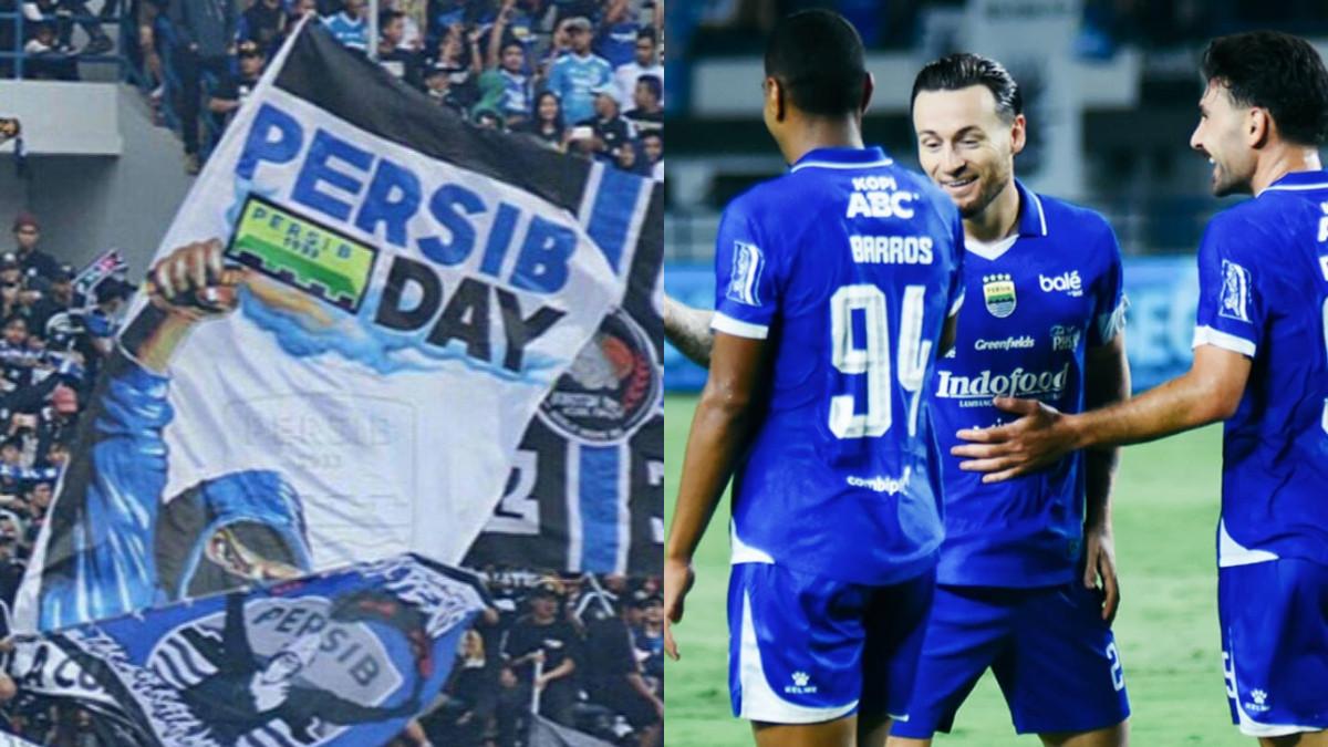 BURSA TRANSFER PERSIB BANDUNG - Koreografi Bobotoh (kiri) dan para pemain Persib Bandung di gelaran Liga 1 2025/2026.