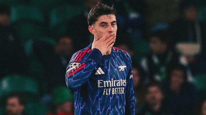 SELEBRASI - Penyerang Arsenal, Kai Havertz melakukan selebrasi setelah membobol gawang Sporting CP pada pertandingan leg pertama babak perempat final Liga Champions, Rabu (8/4/2026) dini hari WIB. Arsenal berhasil menang dramatis 1-0.