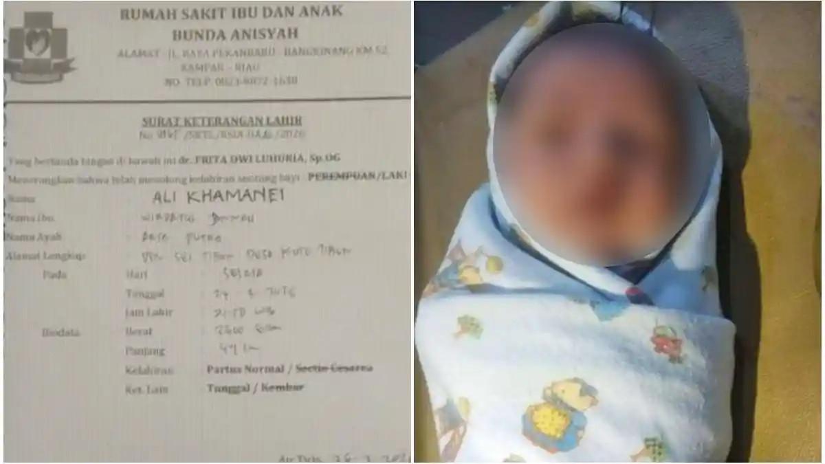 BAYI ALI KHAMENEI - Tangkap layar cutian akun X @IRANinBELARUS yang membagikan foto bayi asal Kampar, Riau, yang diberinama Ali Khamenei.