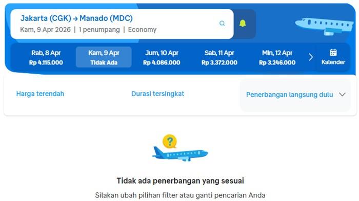 angkap layar platform layanan pemesanan tiket Traveloka. Tiket pesawat Jakarta - Manado