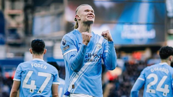 SELEBRASI HAALAND - Pemain Manchester City, Erling Haaland, melakukan selebrasi pada laga pekan ke-17 Liga Inggris 2025/2026 kontra West Ham United di Stadion Etihad pada Sabtu (20/12/2025). (Instagram Man City - 20/12/2025)