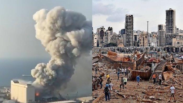 SERANGAN DI LEBANON - Pemandangan saat terjadi ledakan dahsyat di Beirut Lebanon dan sesudah terjadi ledakan.