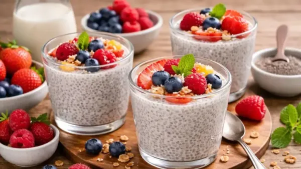 Chia seed custard in glass cups topped with fresh berries, granola, coconut flakes, and mint leaves, served on a wooden board with almond milk and chia seeds in the background.