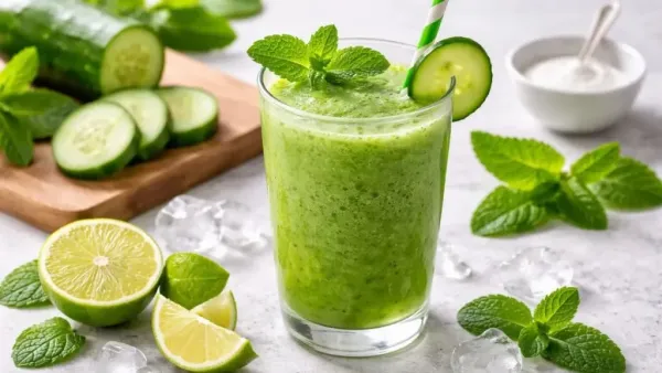 A glass of green cucumber mint smoothie garnished with a cucumber slice and mint, surrounded by cucumber slices, lime wedges, ice cubes, and fresh mint leaves on a bright surface.