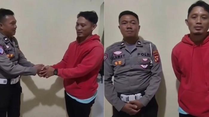 POLANTAS CEDERA  -- Momen Andi Ibrahim dan Aipda Slamet bertemu usai insiden di Jalan HB Jassin, Kota Gorontalo. Andi Ibrahim mengakui kesalahannya dan meminta maaf kepada Aipda Slamet. (Tangkapan layar Facebook Nenang Sulistianita)