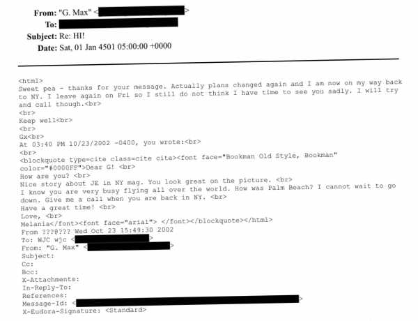 An email exchange that appears to be between Melania Trump and Ghislaine Maxwell in image released by US Justice Department. (Photo credit: Reuters)