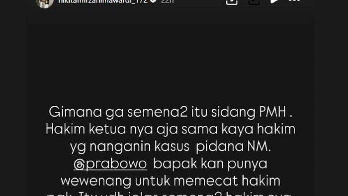 Nikita Mirzani meminta bantuan Presiden Prabowo Subianto terkait jalannya sidang gugatan perbuatan melawan hukum (PMH) yang ia ajukan, sekaligus menyoroti tindakan majelis hakim dalam perkara tersebut.