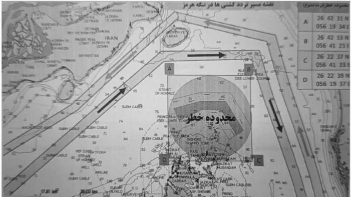 PETA SELAT HORMUZ - Tangkapan layar SNN dari sumber IRGC, Jumat (10/4/2026), memperlihatkan peta jalur aman bagi kapal yang ingin melintasi Selat Hormuz untuk hindari ranjau laut.