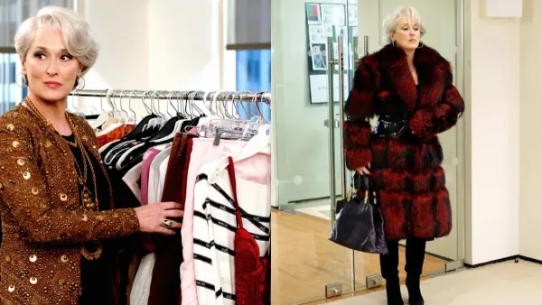 Meryl Streep as Miranda Priestly in Devil Wears Prada (2006) in golden shimmering jackets and massive fur coats