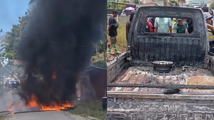 Kolase foto kebakaran mobil pikap.