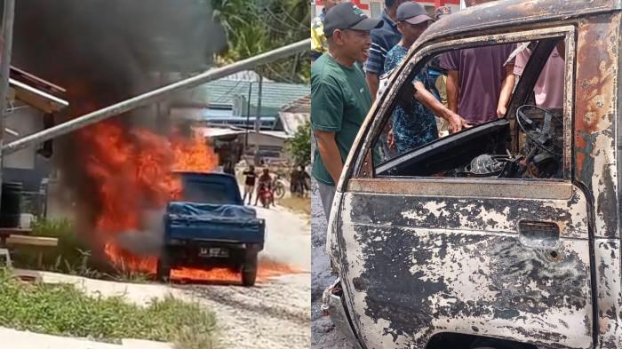 KEBAKARAN MOBIL -- Kolase foto kebakaran mobil pikap bermuatan solar di Kabupaten Pohuwato. (Sumber: Damkar Kabupaten Pohuwato)