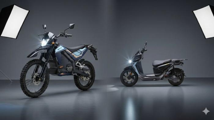 MOTOR EMMO MBG - Kolase unit motor listrik merek Emmo yang disiapkan Badan Gizi Nasional (BGN), menampilkan tipe Trail JVX GT (kiri) dan Skuter JVH Max (kanan). Pengadaan senilai triliunan rupiah ini menuai sorotan tajam setelah Menteri Keuangan mengaku 