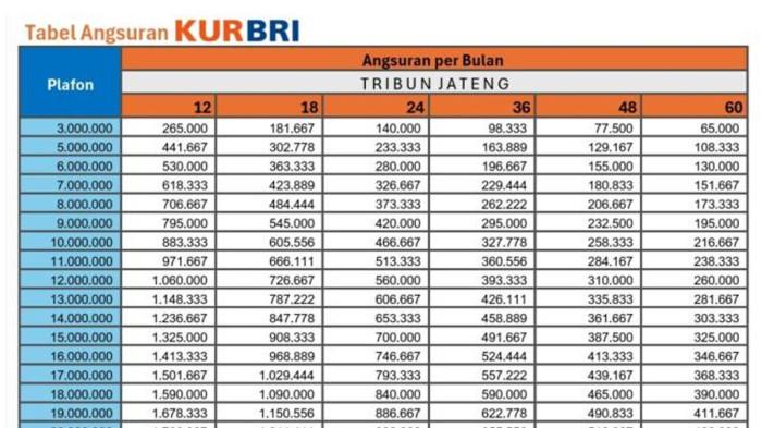 KUR BRI 2026 - Tabel angsuran KUR BRI 2026 Januari Rp 20 Juta hingga Rp 125 Juta  (TRIBUN JATENG/Puspita Dewi)