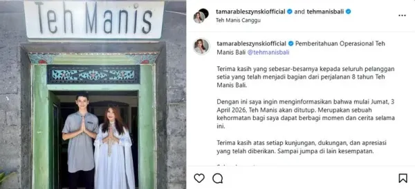 Setelah 8 Tahun, Warung Teh Manis Bali Milik Tamara Bleszynski Tutup Setelah 8 Tahun, Warung Teh Manis Bali Milik Tamara Bleszynski Tutup