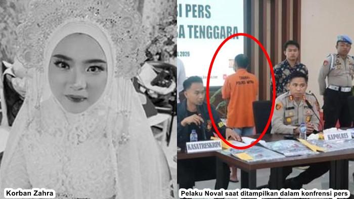 KONPERS : Kolase foto Zahra saat menikah dan foto Polres Minahasa Tenggara (Mitra) menggelar konfrensi pers terkait kasus pembunuhan yang terjadi di desa Ratatotok, Mitra, Sulawesi Utara, Selasa 14 April 2026,