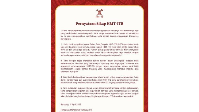 Pernyataan sikap HMT-ITB tentang lagu “Erika” yang viral yang jadi perbincangan.