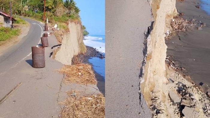 jalan amblas diterjang ombak di Desa Kalasuge Saru Patung, Sangihe