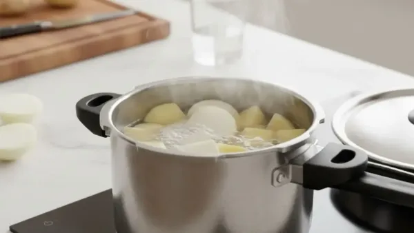 Boiling potatoes and onions in a pressure cooker.