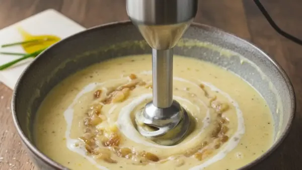 Use a hand blender to blend the cooked potatoes and onions.
