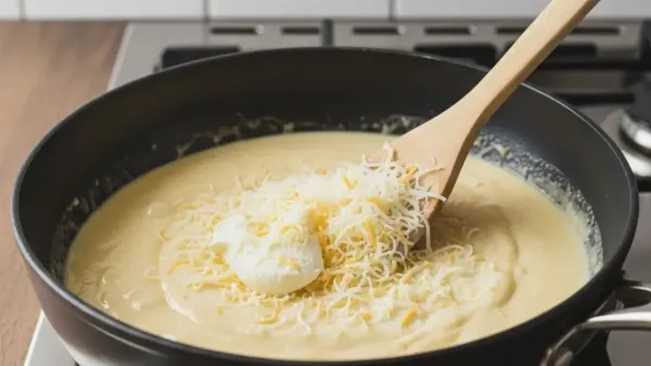 Stir in grated cheese and fresh cream into the creamy soup