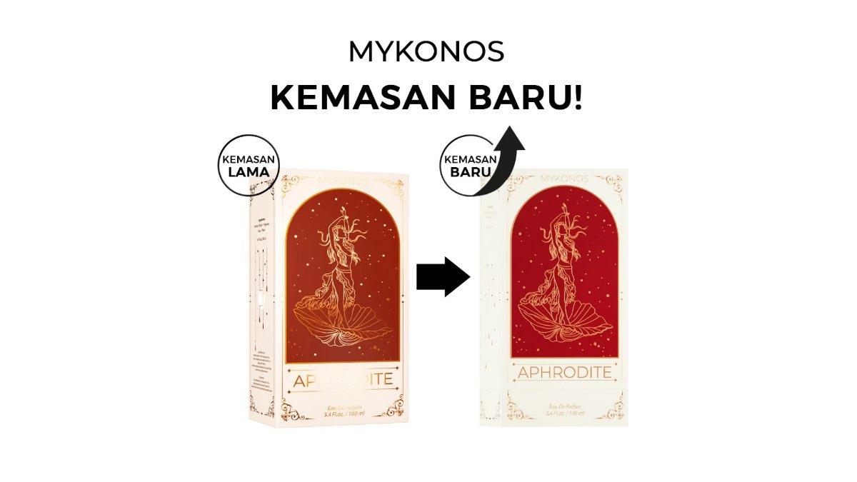 Ilustrasi kemasan lama dan kemasan baru Mykonos Aphrodite Extrait de Parfum