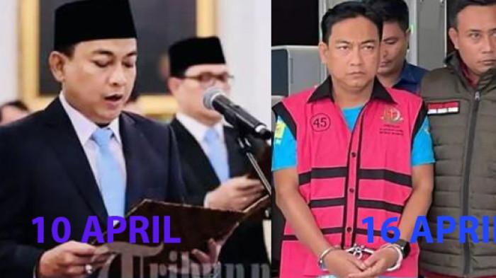 KETUA OMBUDSMAN DITANGKAP - (kiri) Ketua merangkap Anggota Ombudsman, Hery Susanto (dua kanan) mengucapkan sumpah jabatan, Jumat (10/4/2026) dan (kanan) Hery Susanto ditangkap oleh Kejagung RI dan langsung diborgol