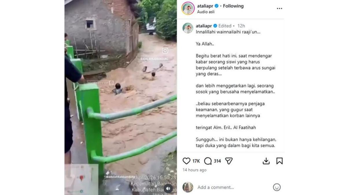 POSTINGAN ATALIA PRARATYA - Atalia Praratya berduka atas insiden tenggelamnya siswi dan satpam di Banjaran