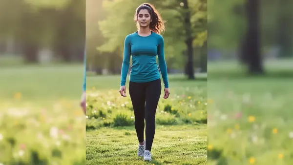 Woman walking outdoors in a park wearing activewear, promoting regular exercise to manage weight.