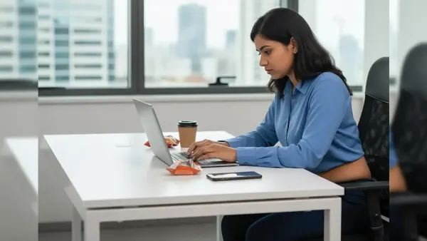 Woman working on a laptop at her desk with snacks nearby, highlighting sedentary lifestyle and unhealthy eating habits.