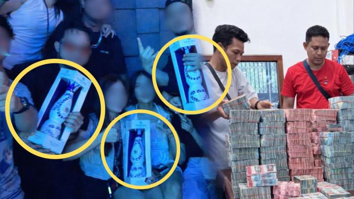 AZUL - Kolase foto memperlihatkan tersangka SF (36) saat berada di tempat hiburan malam sambil memegang botol minuman Azul dan barang bukti uang tunai miliaran rupiah yang diamankan polisi. Botol Azul jadi sorotan usai tersangka SF (36) pamer di tempat hiburan malam, Selasa (14/4/2026).
